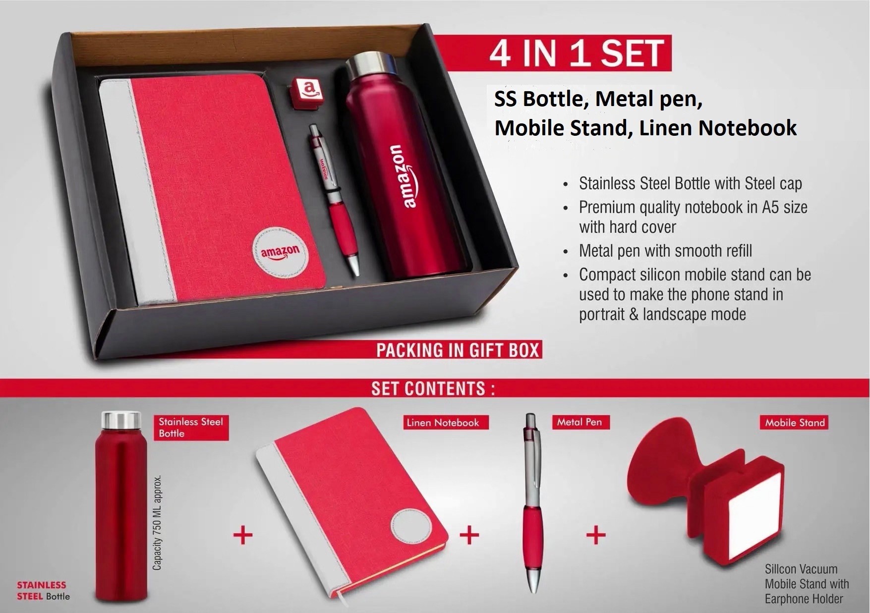 4 In 1 Set:  Steel Bottle, Metal Pen, Silicon Mobile Stand, Linen Binary Notebook